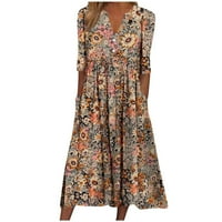 Дамска лятна рокля Небрежна дици флорална слънчева рокля v-образно деколте нагоре с къс ръкав boho midi тениски рокли с джобове