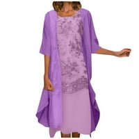Рокли за жени Лятна елегантна ръкав лъжичка шия женски а-линия отпечатана дантела лилава рокля 5xl