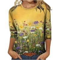 Клирънс дамски върхове с дълъг ръкав лятен цвете печат кръгла тениска с тениска от топ блуза, жълто
