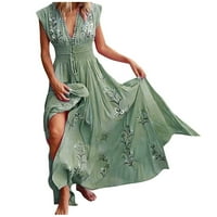 Женски рокли V-образен отпечатан отпечатани а-лайн Дължина на небрежен къс ръкав лятна рокля тъмно зелено s
