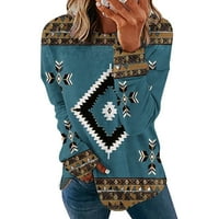 Падайте за спестявания дамски върхове пуловер Crewneck дълъг ръкав ETNIC Graphic Tunic Tops Swing Hem Long Tops удобни небрежни плюс размери блузи дрехи за приятелка съпруга мода огромно небе синьо xxl