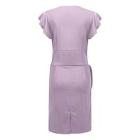 Летни рокли за жени с къс ръкав обвивка на коляното Небрежна V-образно вещество Твърда рокля Purple L
