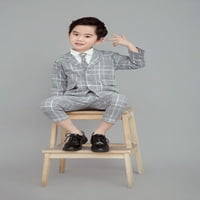 Деним Бей малко момче кариран костюм с риза и вратовръзка комплект, 4-парче, размери 2Т-5т