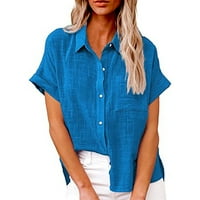 haxmnou дамски къс ръкав блуза бутон надолу ризи памучен спално бельо свободни летни върхове с джобове синьо xxxxl