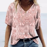 Hanas Women's Top Fashion Summer Summer Fasual Bomen 3D Printing Loose V-O-Neck с къси ръкави за шевове тениска отгоре розов XL