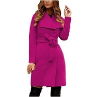 Дамски зимни палта, жените, твърди цвят небрежен палто с дълъг сако с джоб и колан горещо розово xxl