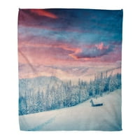 Хвърли одеяло красива зима Изгрев в планинската Ферма сняг покрити елхи цветна сцена топла фланела меко одеяло за диван разтегателен диван