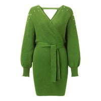 Дамски дълъг ръкав в врата плетен пуловер рокля Формован вълнена рокля Извънгабаритни плета зелен м