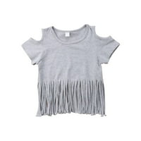 B91XZ Girls Graphic Tees Summer New Grey Tassel Girl Personality Round Neck Short Lipe