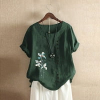 Usmixi дамски летни върхове къси ръкави кръгла шия флорални ризи за печат плюс размер дишащ памучен бельо бутон блузи зелени S до 65% отстъпка