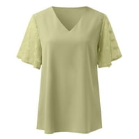 Жени V-образно деколте дантелена тениска пачуърк с къс ръкав дами върхове ежедневни плътни цветни женски тениски женски дрехи