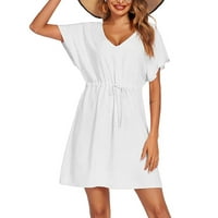 Летни рокли на Ganfancp за жени ежедневни V-образно деколте с къси ръкави рокля свободно прилягане на солидна цветна рокля плаж сухари бяло 2xl