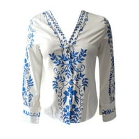 Adviicd блузи за жени Моден Национален стил отпечатани V Neck Casual Rish с дълъг ръкав Какво да носите с гамаши през есента