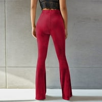 Wotryit женски панталони дамски ежедневни плътни цветове с висок талия оребрен пламък дълги панталони удобни еластични тънки панталони за крака суипти жени червени m