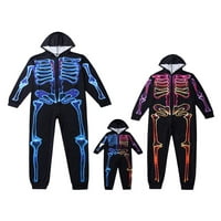 Семейство съвпадение на Хелоуин Светени костюми на косплей скелет един комбинезон с качулка с качулка с цип за възрастни и деца