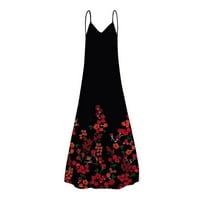 Pgeraug полиестер есенни рокли за жени свободни флорални отпечатани без ръкави V-Collar Дълга рокля макси рокли за жени червени m
