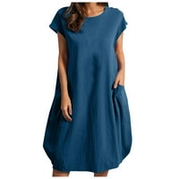 Женските модни твърди цветни памучни бельо свободни ежедневни джобни рокли са рентабилни и подходящи за различни поводи Сини XL