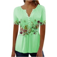 Ханас върхове цветни блок на туника върхове за жени флорални щампа Crewneck Небрежни блузи бутони Плисиен къс ръкав Разхлабена пуловер риза Зелен XL