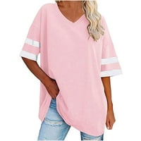 Scyoekwg модерни дамски къси ръкави туника върхове v-образни ризи ежедневни основни тениски Разхлабени леки блузи летни плътни цветни блузи Просвеци розово л