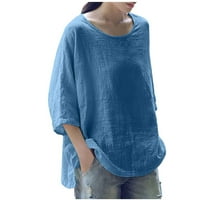 Tklpehg Дамски тениски с дълъг ръкав ръкави ризи солидна блуза тениски дами върхове удобни от свободното време екипаж лятно синьо xxxxxl