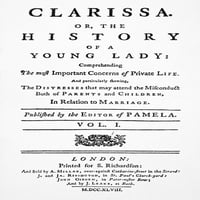 Ричардсън: Клариса. NTITLE PAGE от първия том на първото издание на Clarissa на Самюъл Ричардсън, Лондон, Англия, 1748. Печат на плакат от
