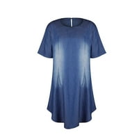 Женски разхлабена рокля с дължина на коляното реколта летен ежедневен къс ръкав модерни ризи с кръгла шия деним рокля дрехи тъмно синьо, m
