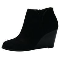 ХГВ Мода жени Велур клинове цип плътен цвят Къси Боти кръгли пръсти обувки за жени Черно 39