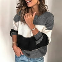 Рифорла Жени Цвят блок раирани в врата пуловер дълъг ръкав плета пуловер джъмпер върхове жените пуловер сив хл