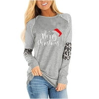 Продажби женска модна риза Raglan Весела Коледа Печат с дълги ръкави Блуза кръгла шия ивица пачуърк ежедневни пуловер върхове сиво l