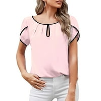 mnjin летни тениски Жените вършат женските ежедневни летни блузи плисирани венчелистчета ръкав ръкав кръгла врата на ключовете разхлабена риза топ класически елегантна работа блуза тениски дами тениски розови xl