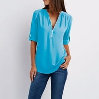 Fsqjgq блузи за жени модни модни върхове за жени дами цип бутон с дълги ръкави свободни шифонни риза дрехи небесно синьо l