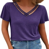 Дами летни върхове Твърди цветна тениска с къс ръкав тениска удобна пуловер плаж тройник тъмночервен 2xl