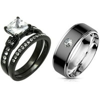 Двойка пръстен комплект дамски един карат принцеса cut cz черен сватбен пръстен Мъже кабел комплект cz сватбена лента- размер w7m13