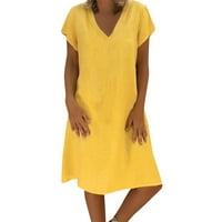 Летни рокли за жени с къс ръкав А-линия дължина до коляното темперамент плажна масивна в-врата рокля жълто ХХХЛ