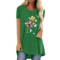 Ernkv женски модерен разтопяващ люлеещ се върхове Просвещение флорални отпечатани върхове с къси ръкави тениски кръгли ризи за врата свободно време удобно униформа винтидж дрехи мода лято зелено m