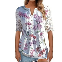 Одеерби флорални блузи за жени чисти дантелени върхове Небрежни къси ръкави с сплитане на сплайсинг пуловер с тениски с тениски