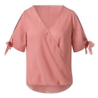 Дамски плюс размер върхове с къс ръкав кухи женски плюс размер летни върхове и блузи ежедневни v шия сладки върхове за жени Основен плътно цвят тениски розови 2xl